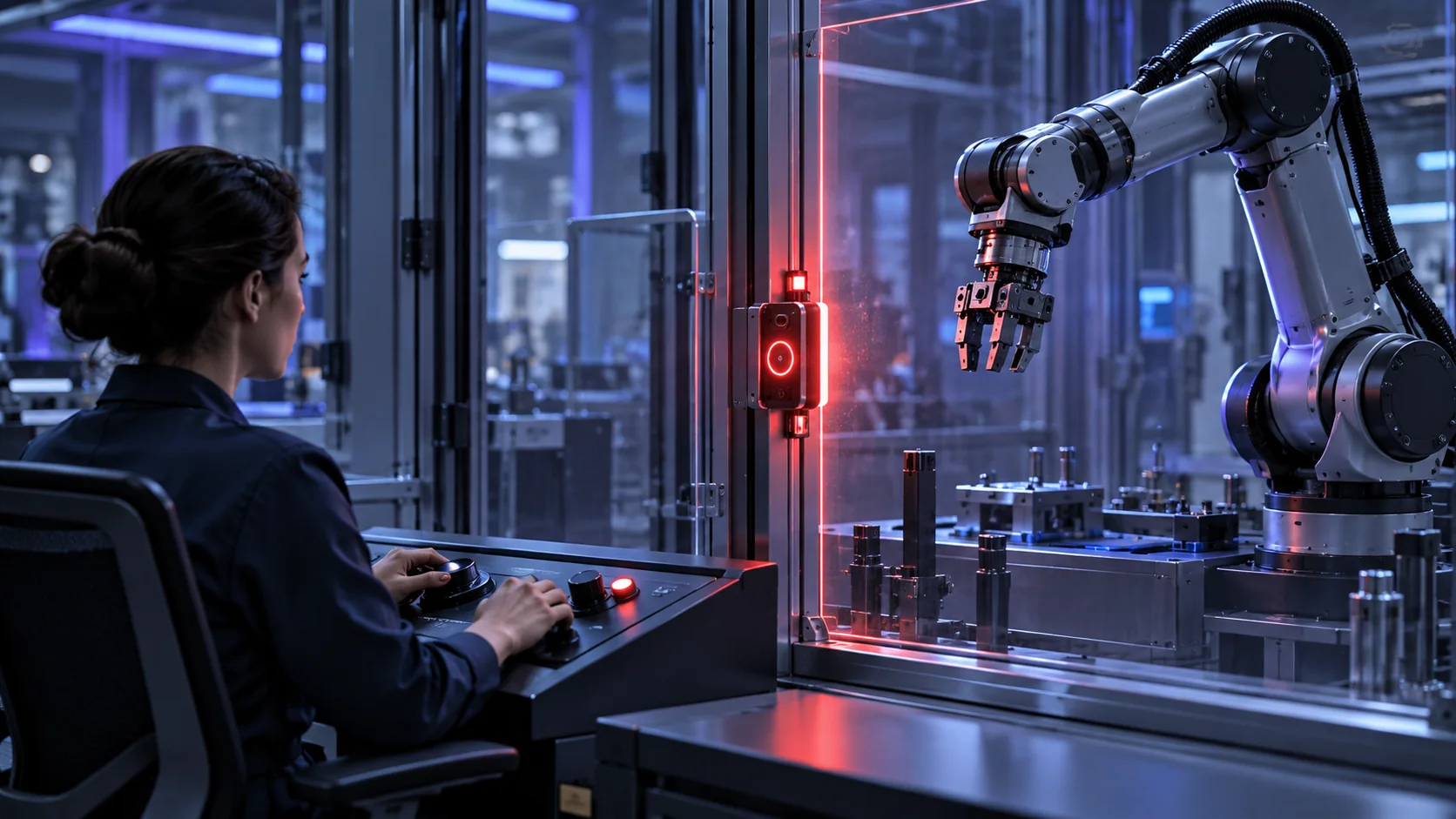Illustrative human operator retaining approval authority while a robotic system waits behind a safety gate.