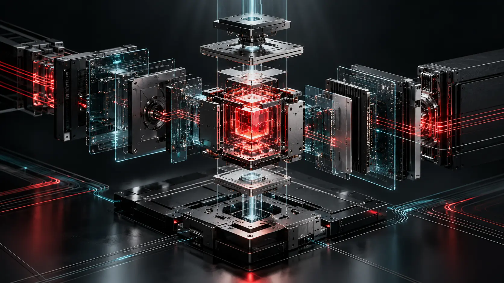 Illustrative modular technology architecture assembled from graphite components and precise engineering paths.