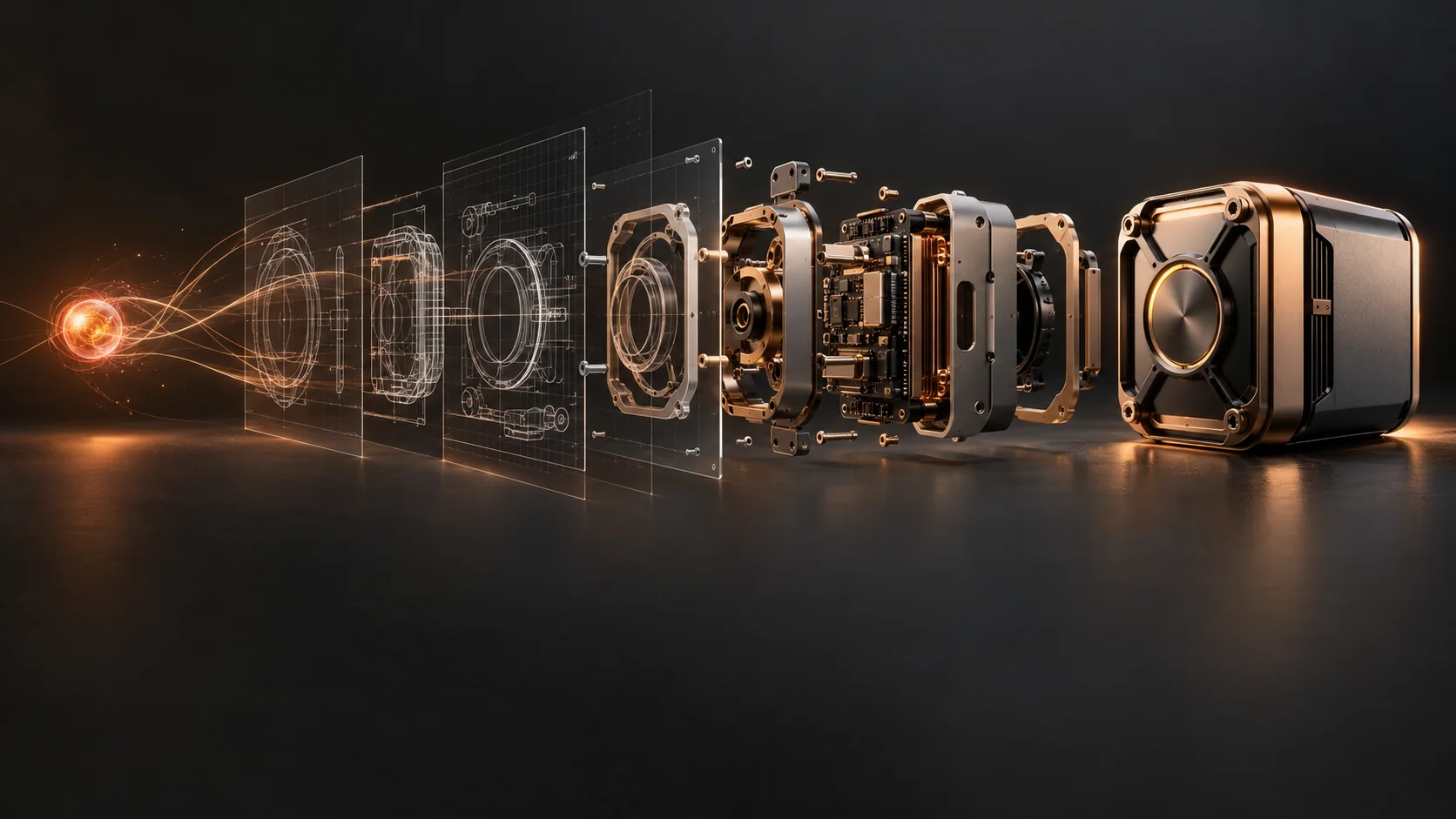 Illustrative progression from an initial idea through engineering drawings into a finished modular device.