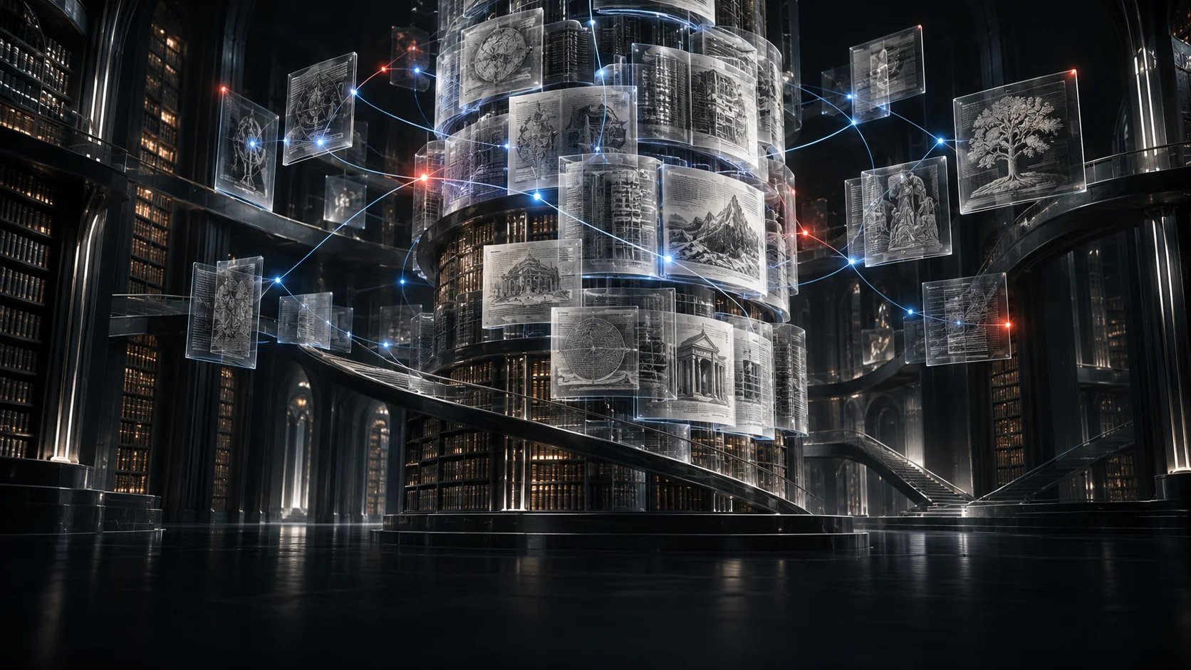 Illustrative source archive with layered documents connected by traceable knowledge paths.