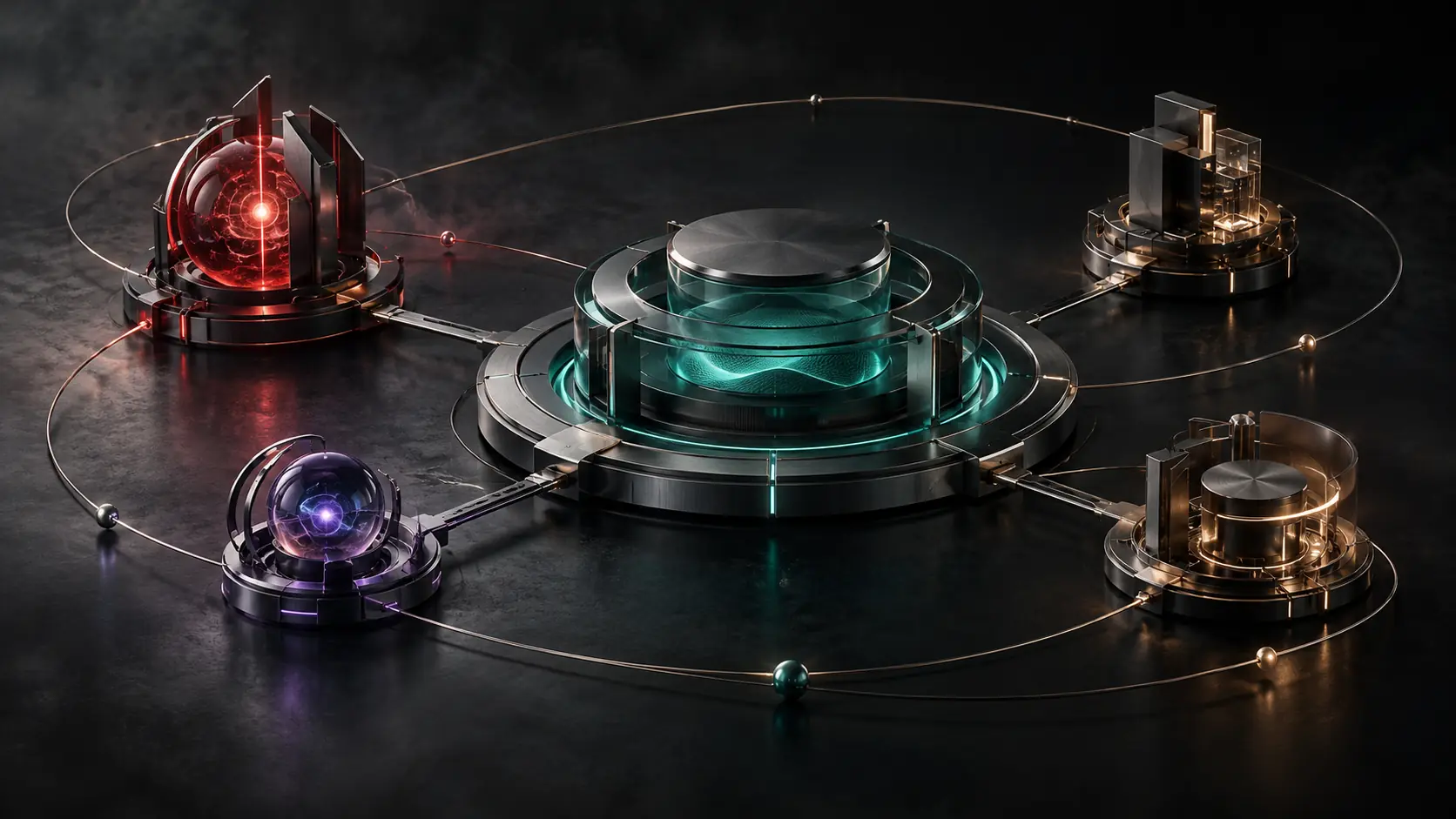 Illustrative technology portfolio with distinct product, research and engineering modules connected by shared principles.