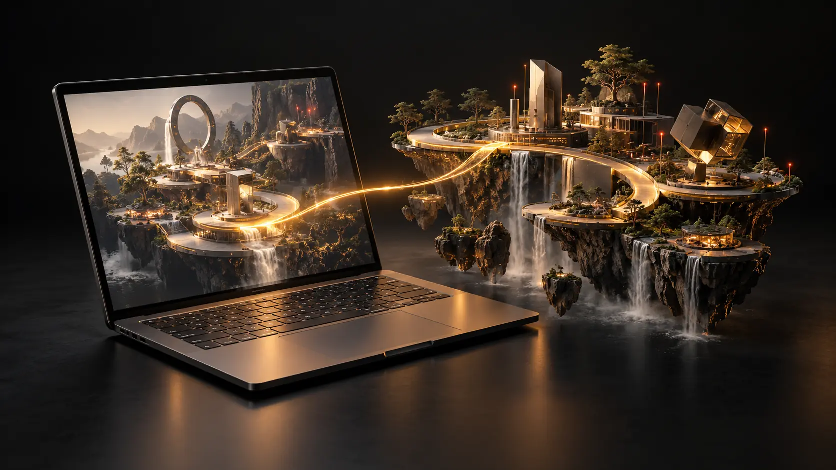 Illustrative laptop connected by an amber path to an imaginative interactive world of floating terraces and engineered structures.